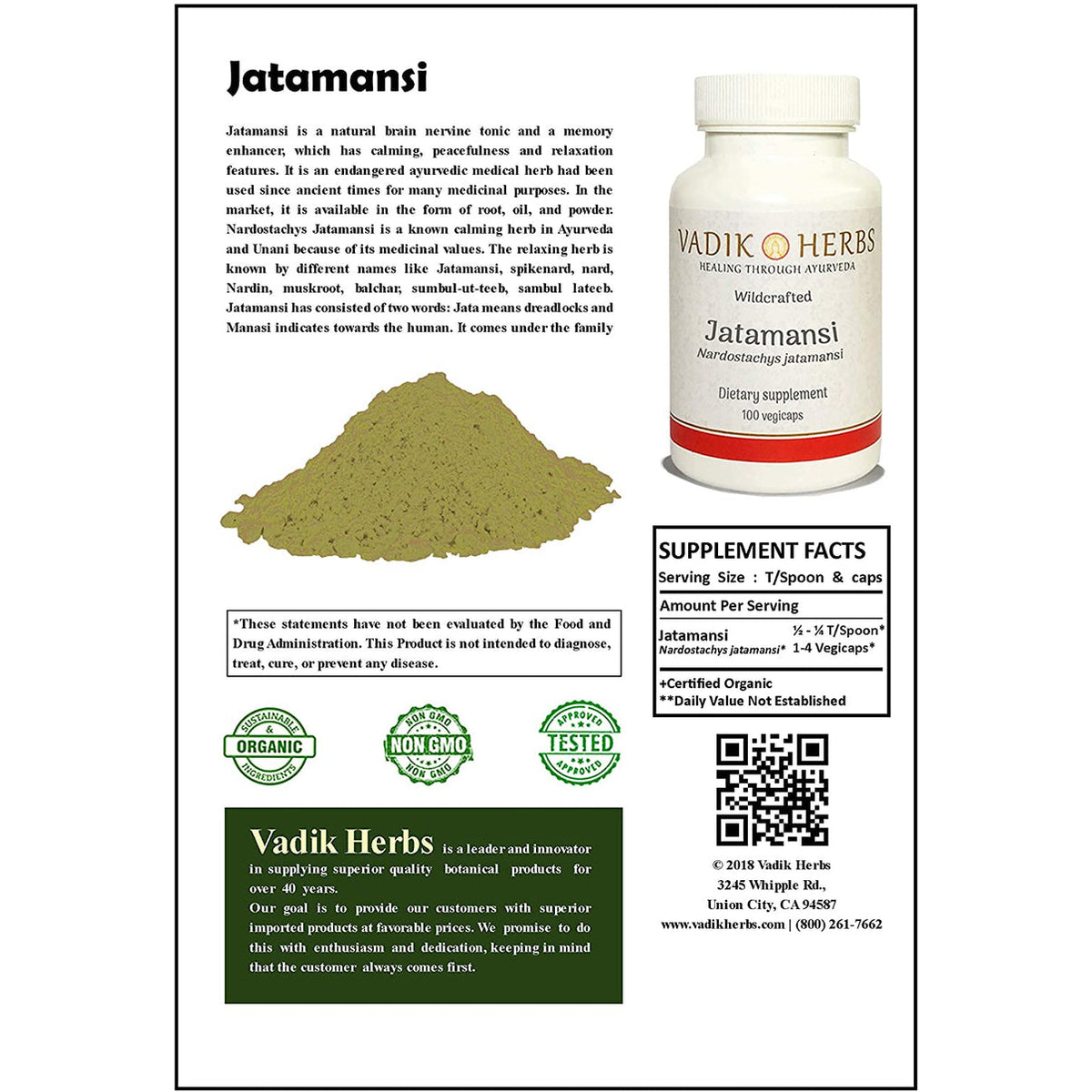 Vadik Herbs | Jatamansi | 100 Vegetarian Capsules | Nardostachys Jatamansi