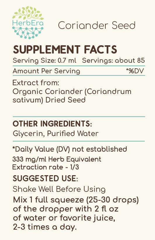 HerbEra | Coriander Seed Herbal Extract Tincture| 60ml | Organic | Alcohol Free | Made in USA