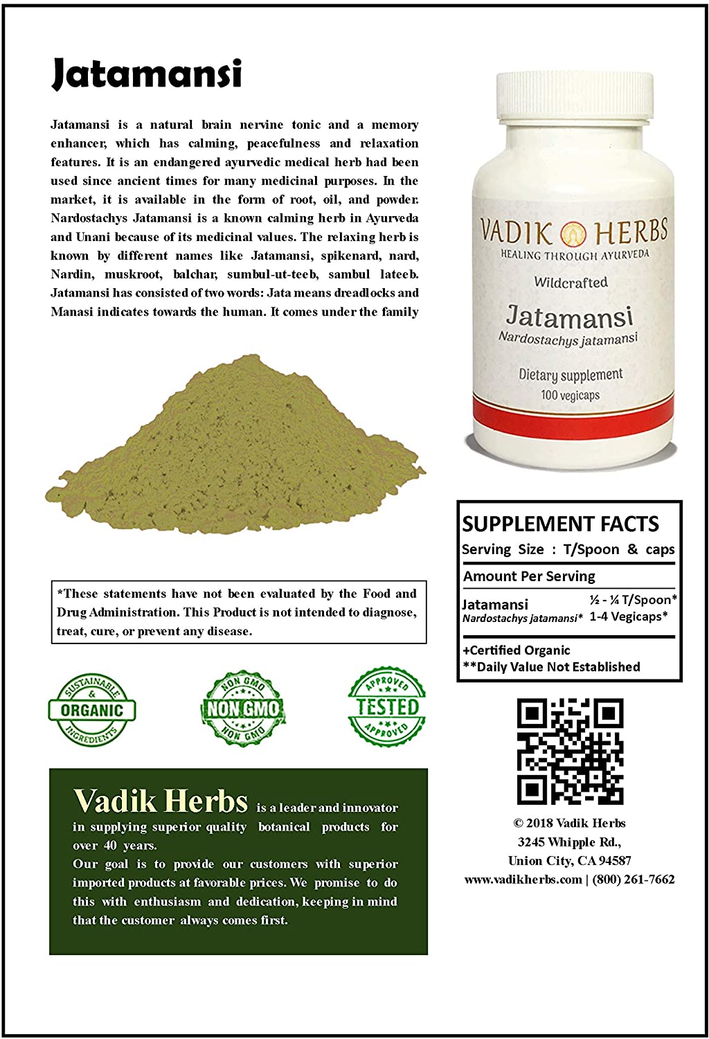 vadik herbs | jatamansi capsules | 100 pieces | nardostachys jatamansi