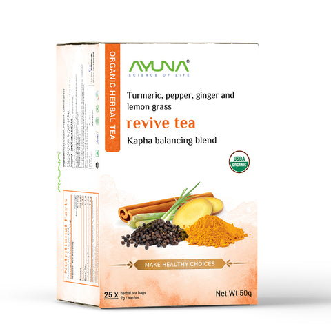 Ayuna | Organic Revive Tea | 25 Pack | Turmeric | Pepper | Ginger | Lemon Grass | For Kapha Balancing Blend